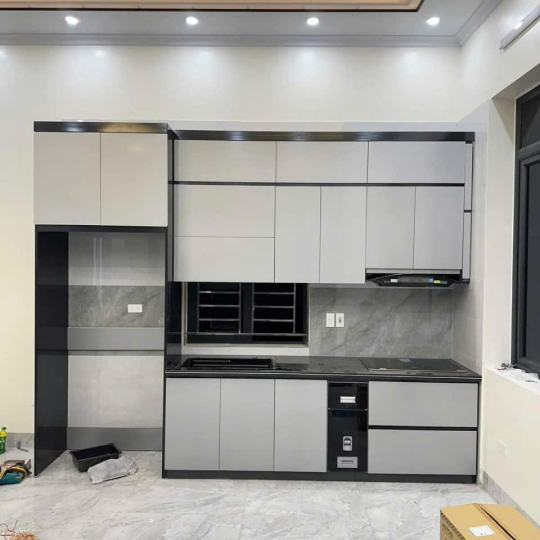 Bếp chữ I tông màu xám trắng hiện đại